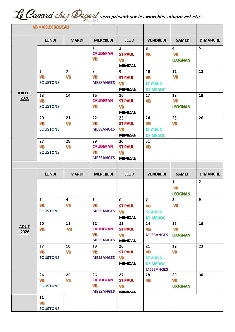 PLANNING DES MARCHES ETE 2026