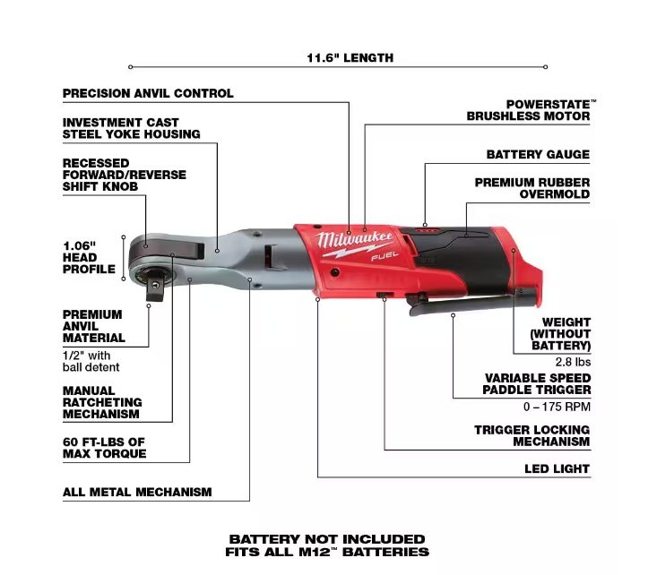 Thumbnail: M12 FUEL 12V Lithium-Ion Brushless Cordless 1/2 in. Ratchet (Tool-Only)