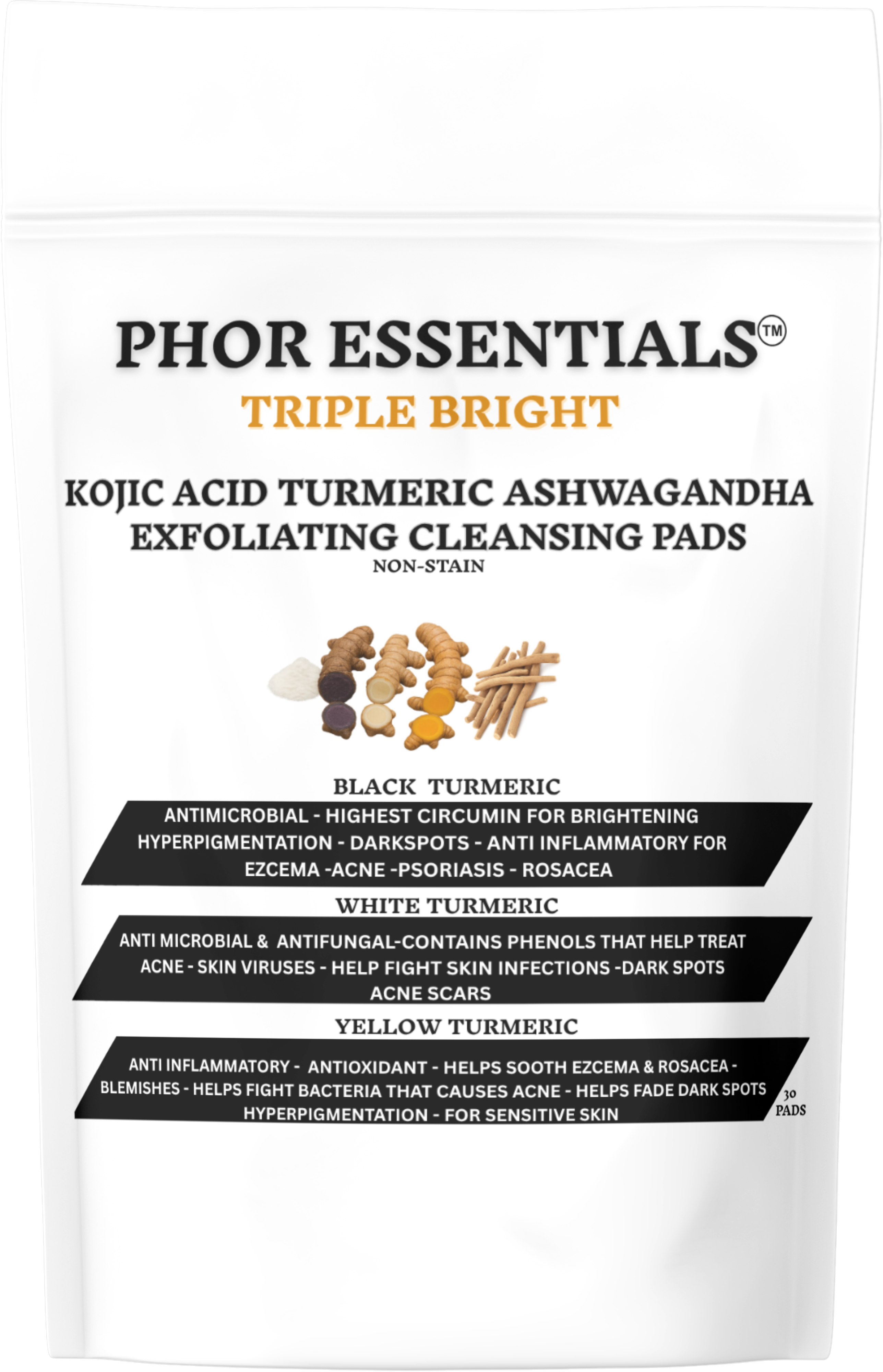 Phor Essentials Triple Bright Non-Stain Black White Yellow Turmeric Skin Brightening Kojic Acid Turmeric Pads for dark spots.