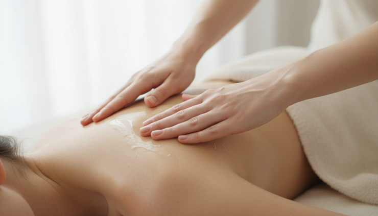 Close-up view of hands performing gentle lymphatic massage on a shoulder.