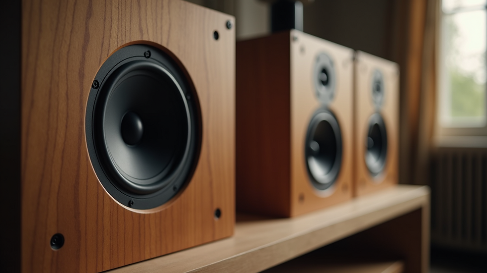 Eye-level view of artisan crafting wooden speaker cabinet