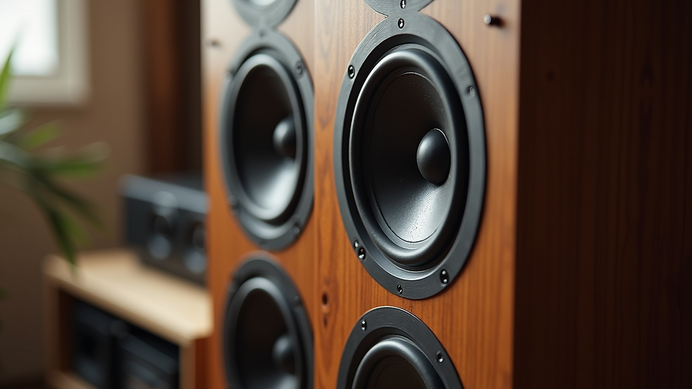 High angle view of wooden speaker with visible drivers