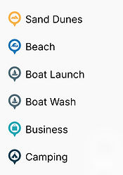 Map legend showing beach, boat launch, boat wash