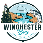 Winchester Bay logo graphic, depicts sand, river, trees and fishing 
