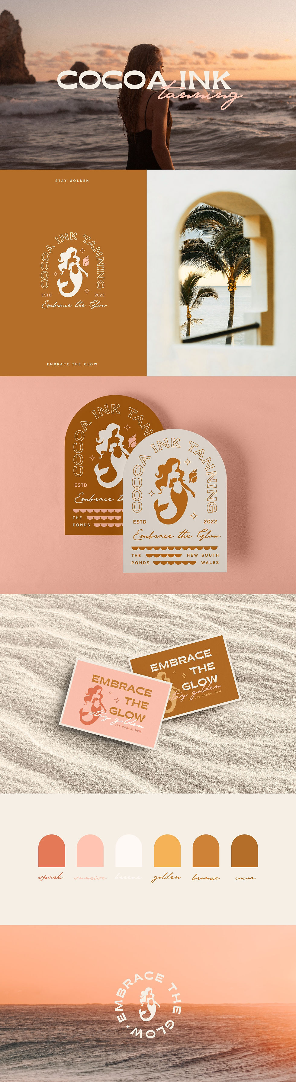 A branding mockup presentation for a tanning studio that shows an image of a woman on the brach at sunset, the company's name Cocoa Ink Tanning are laid over the top of the image in white and pink.