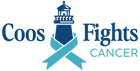 Coos Fights Cancer logo, blue and teal colors, icon is a lighthouse with a cancer ribbon wrapped around its base