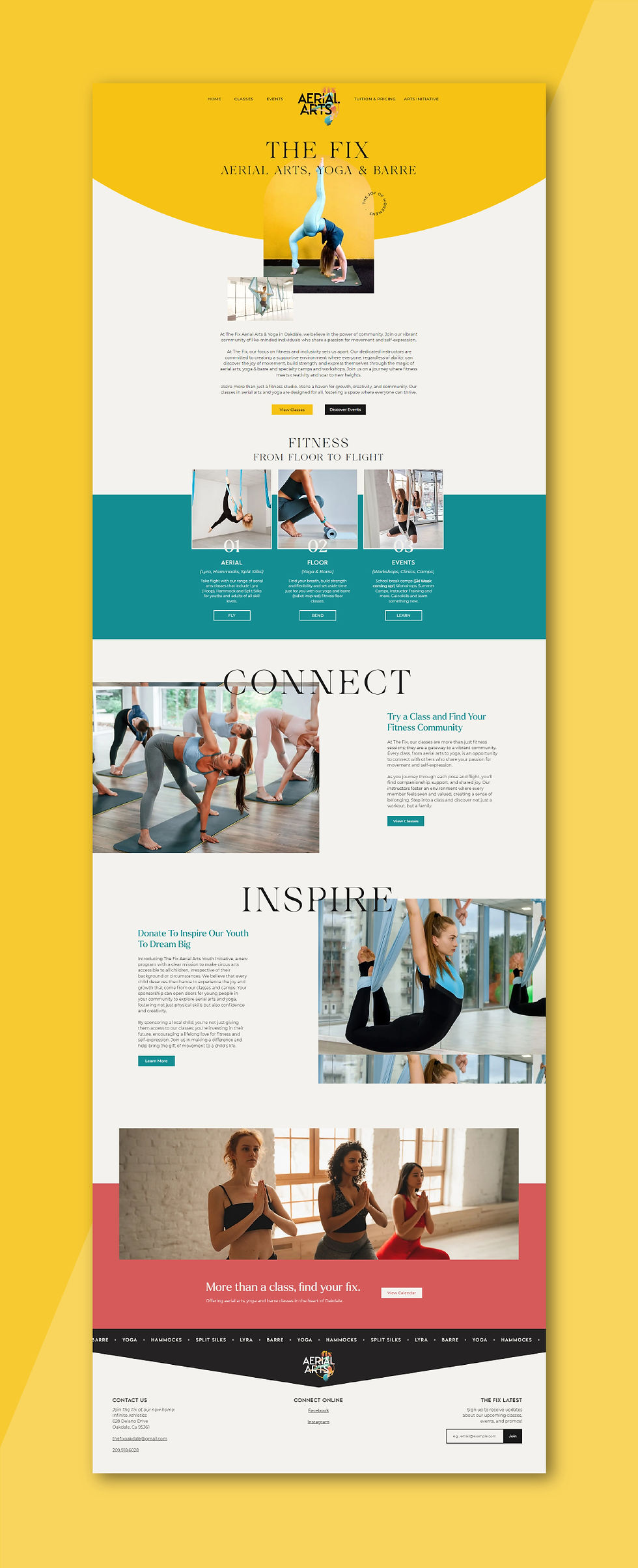 A vibrant website design mock up for a studio offering aerial arts, yoga and barre classes. The website design features vibrant colors like yellow, teal and red and background videos people participating in the classes.