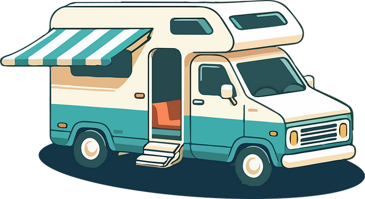 A graphic of an older style RV motorhome, its cream and turquoise
