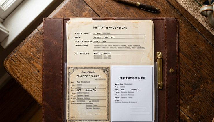 Overhead view of a family document folder with military papers on a wooden table