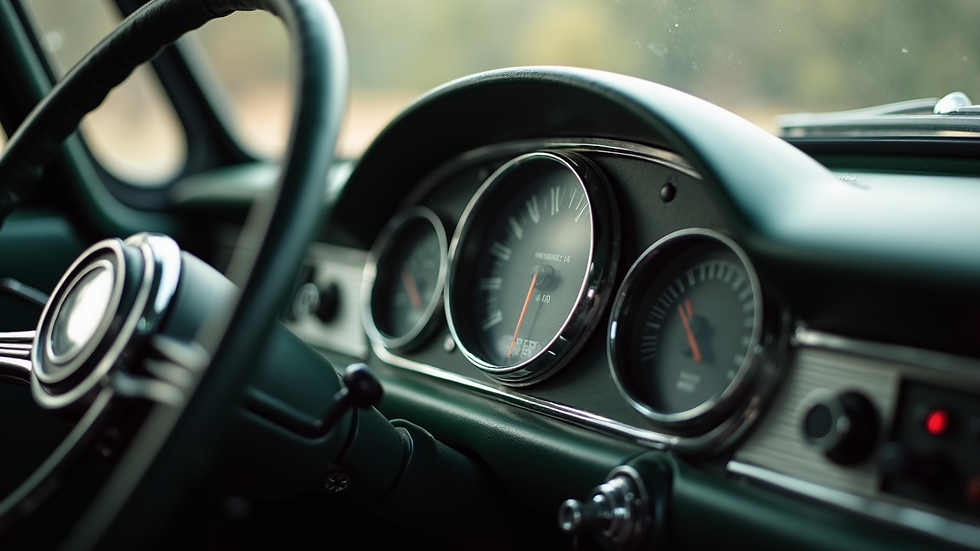 Close-up view of a vintage car dashboard showing odometer and classic design