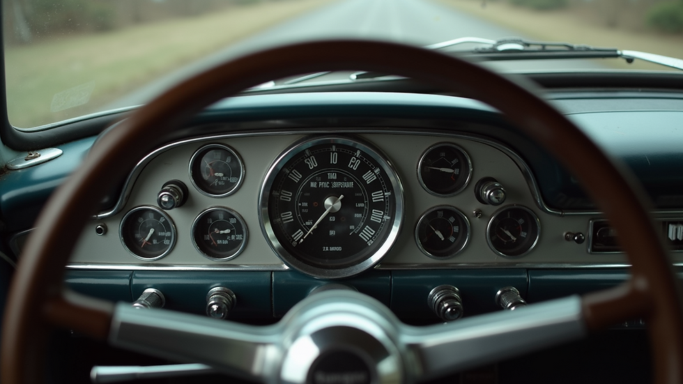 Eye-level view of vintage car dashboard and steering wheel