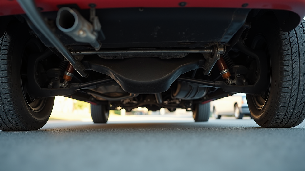 Close-up view of classic car undercarriage showing frame and suspension