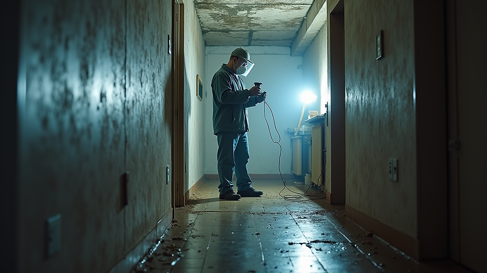 Eye-level view of a mold inspector using testing equipment in a basement