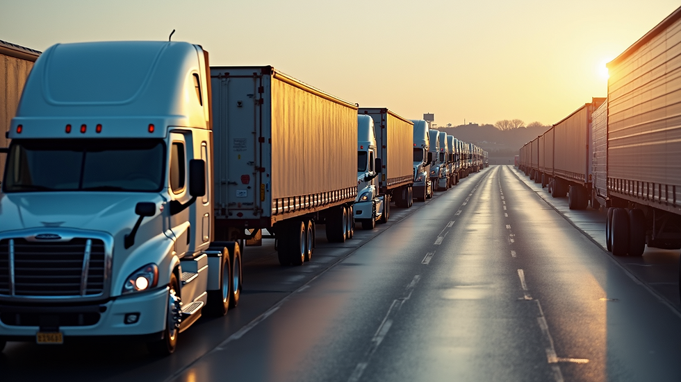 High angle view of a fleet of trucks lined up at a depot
