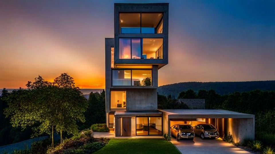 Rendering Einfamilienhaus mit mehreren Stockwerken, Bauweise in den Himmel