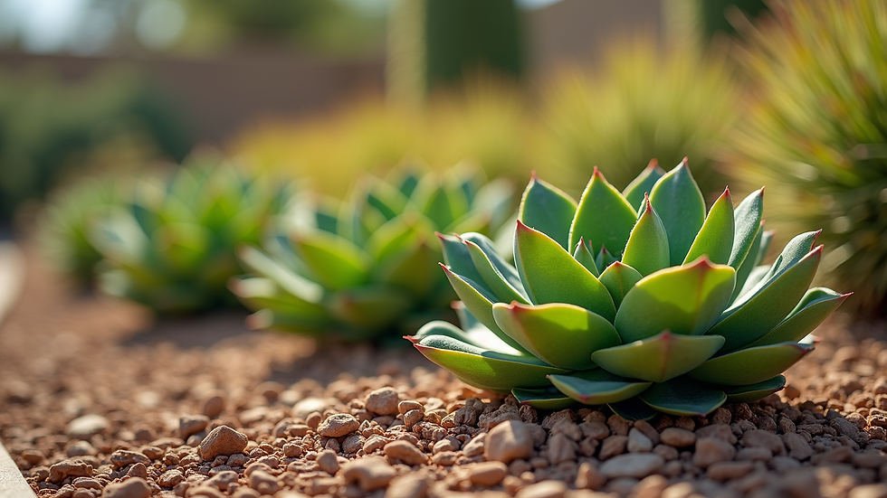 Close-up view of healthy desert plants with mulch in a Mesa yard