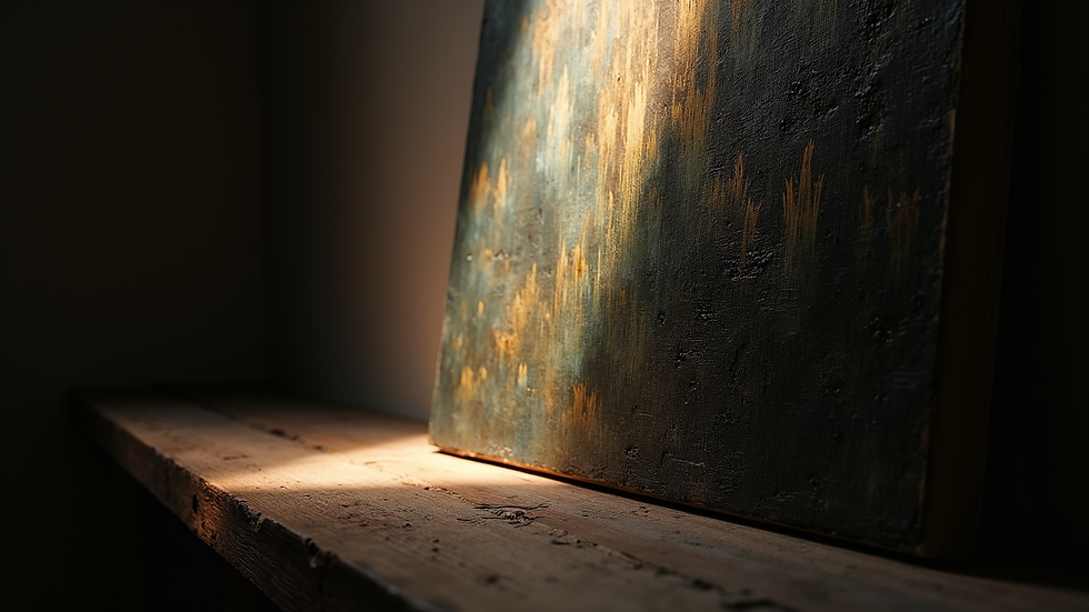 Close-up view of a painting showing chiaroscuro technique with strong light and dark contrasts