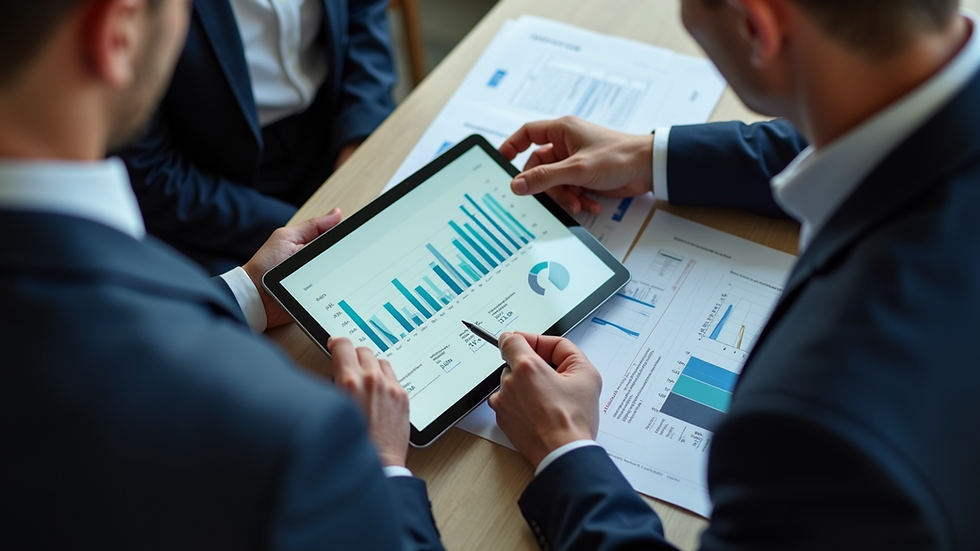 High angle view of a small business team discussing data charts on a tablet