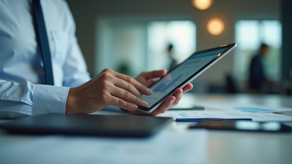 Eye-level view of a person analyzing data on a tablet in a bright office
