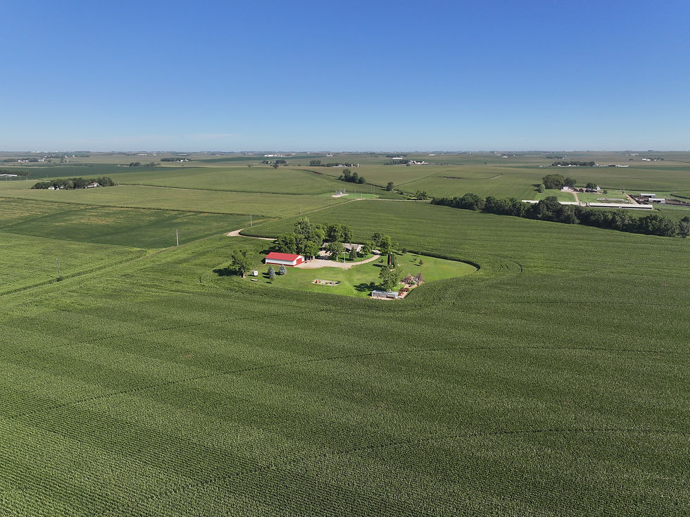 Aerial view of green farmland surrounding a rural property