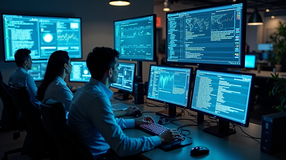High angle view of a network operations center with multiple screens displaying network data