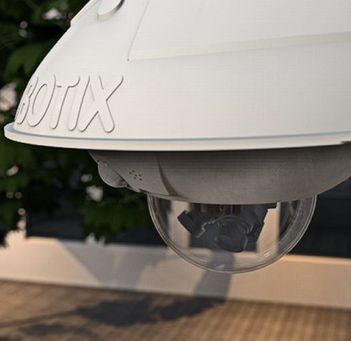 Mobotix D16 360 camera mounted under a weather hood