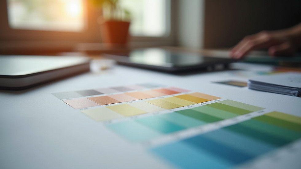 Close-up view of a designer’s desk with colour swatches and a digital tablet