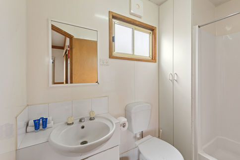 Clean cabin bathroom with sink and toilet