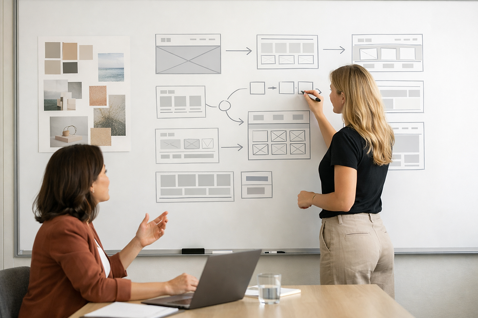 Two women collaborating over a UX board for a custom website build project
