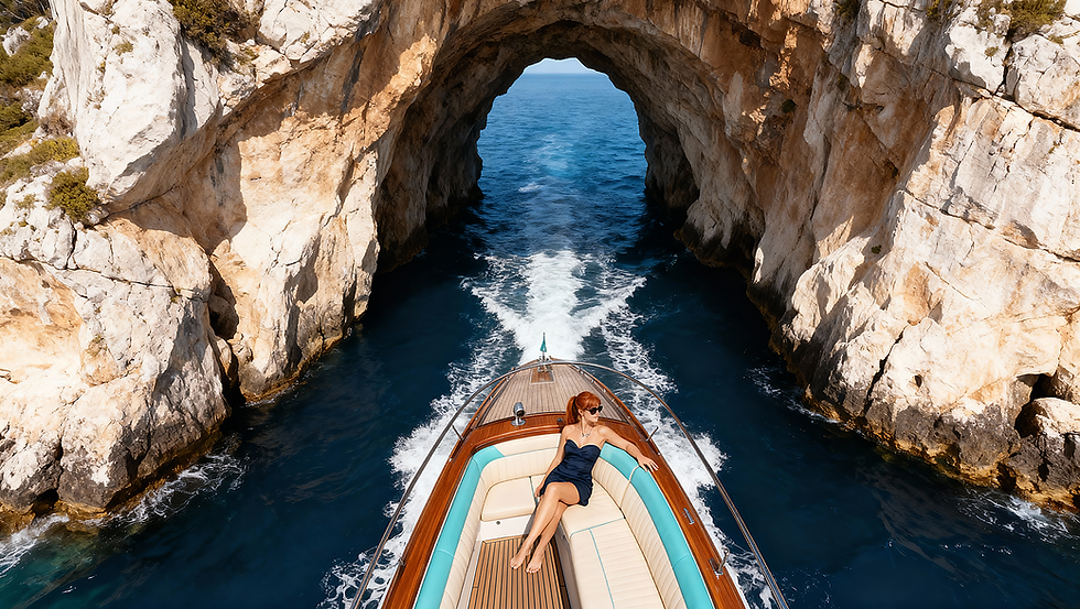 Woman on boat sails through a rock archway, enjoying the blue sea