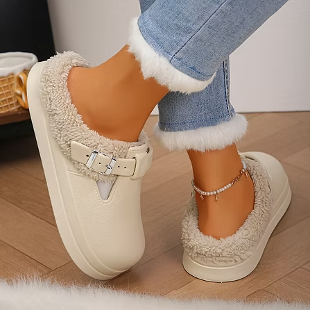 Thumbnail: Waterproof Eva Furry Mules Slippers Women 2025 Winter Metal Buckle Warm Plush