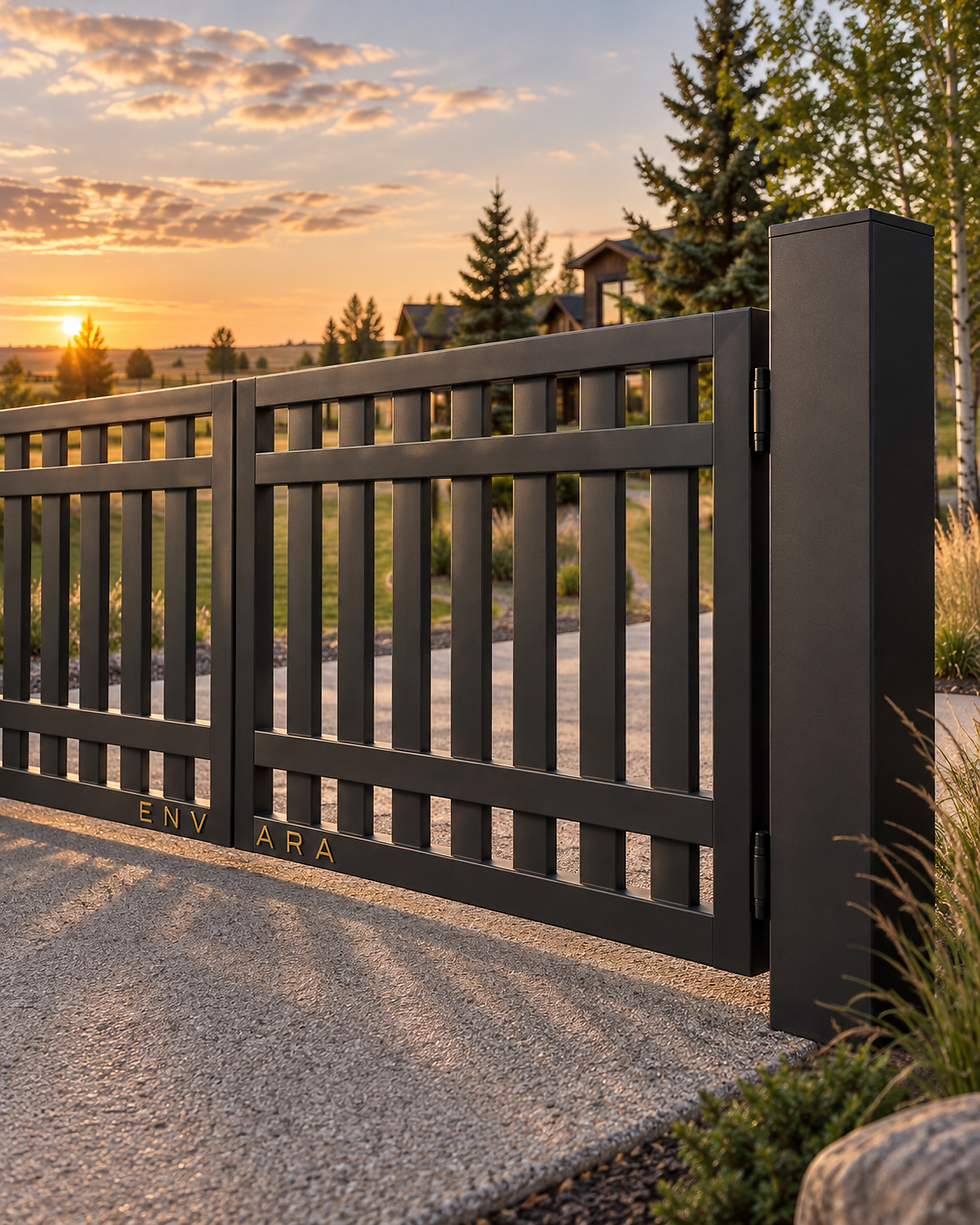 Modern luxury driveway gates at sunset.