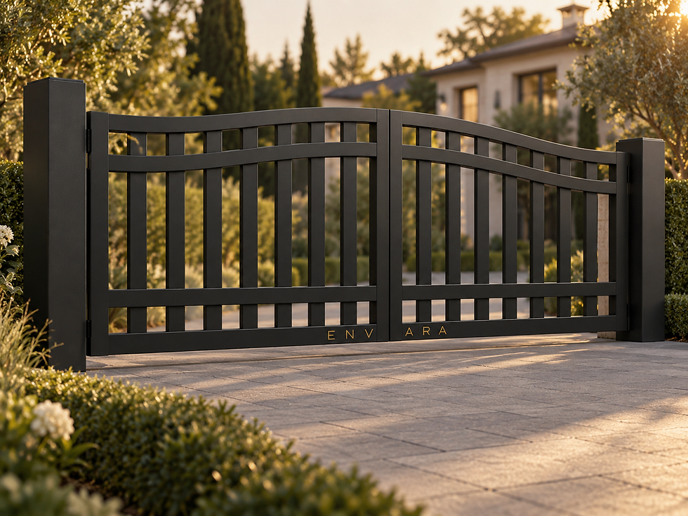 Black luxury driveway gates in front of a modern home