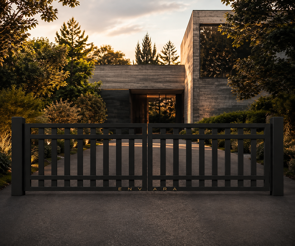 Modern luxury driveway gates in front of a contemporary home.