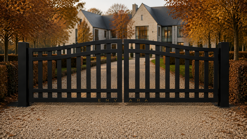 Luxury driveway gates in front of a modern stone estate.