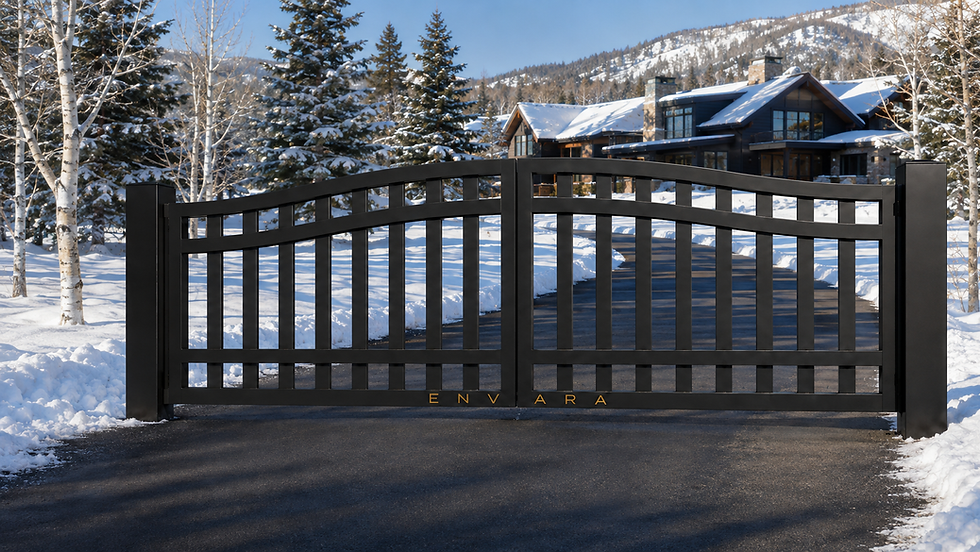 Black luxury driveway gates in a snowy mountain setting.