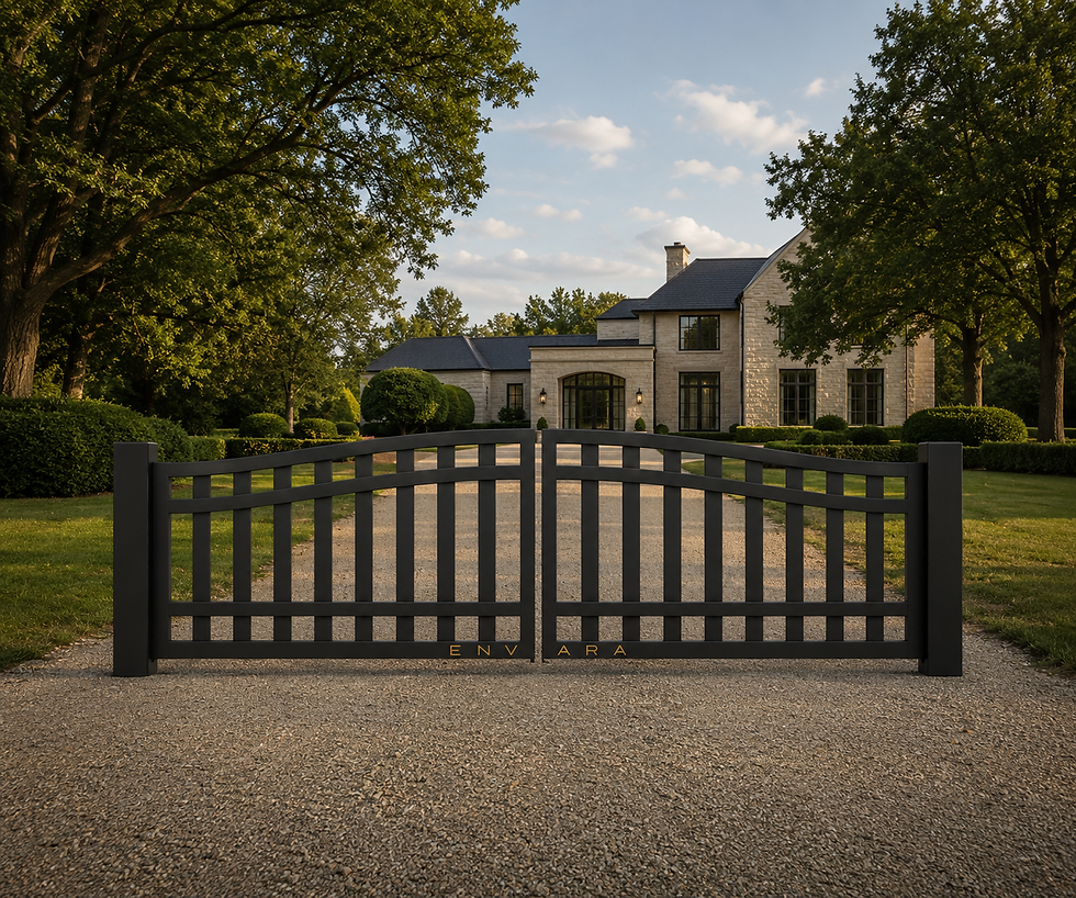 Black luxury driveway gates in front of a stone estate.