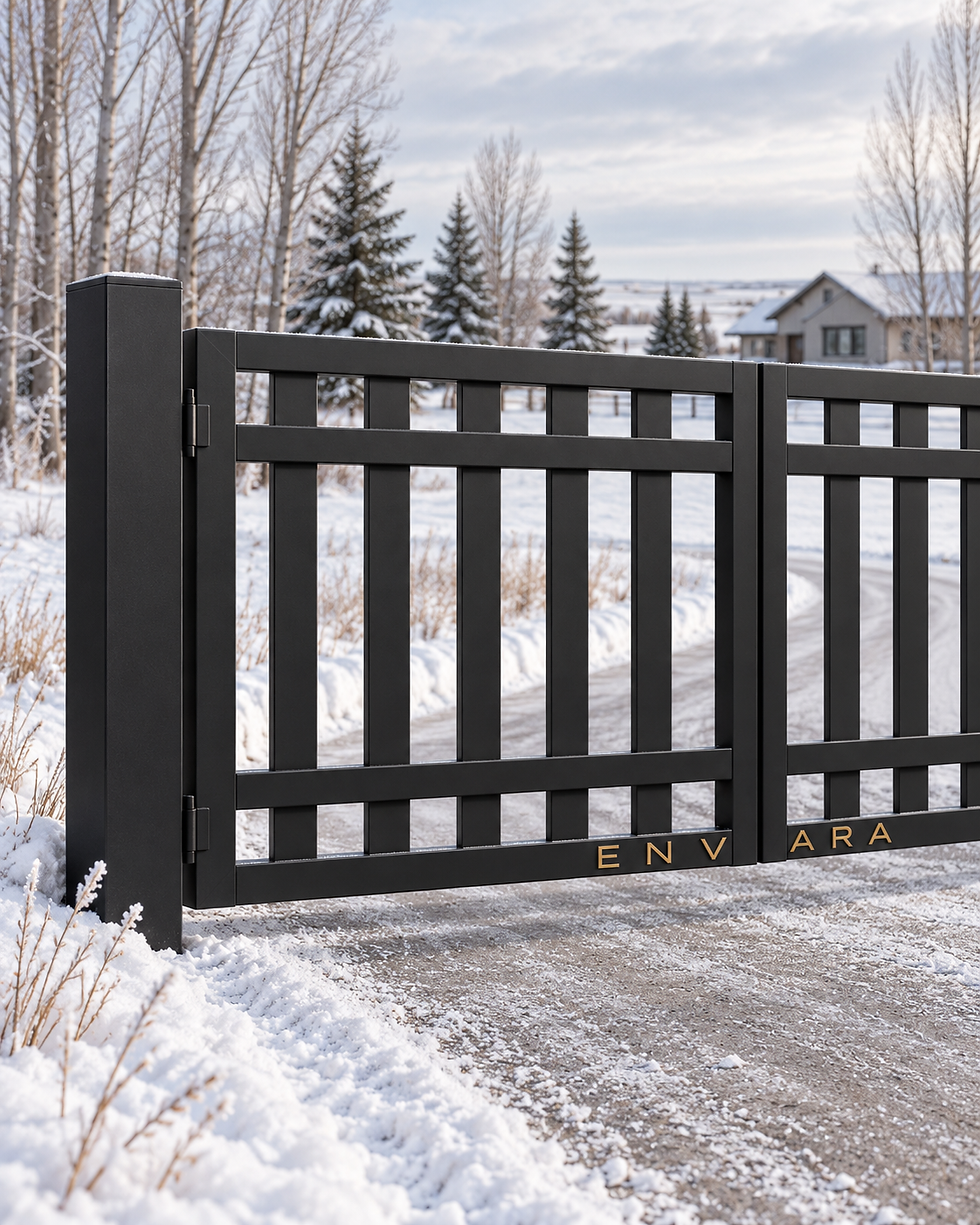Envara estate gates in snowy Alberta landscape