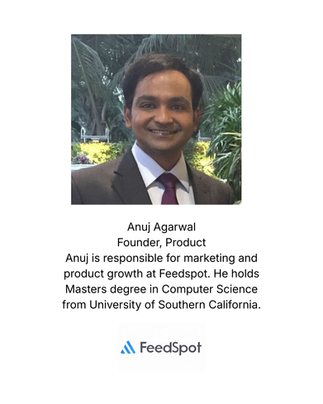 Portrait of Feedspot founder Anuj Agarwal with a brief biography describing his role in marketing and product growth at Feedspot