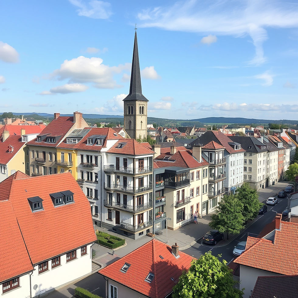 Blick über eine Stadt mit roten Dächern und Kirchturmspitze unter blauem Himmel; ruhige, sonnige Atmosphäre. Immobilienkaufvertrag richtig prüfen lassen.