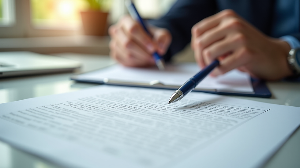 Eye-level view of a legal document on a desk with a pen. Immobilienkaufvertrag, Rechtsanwalt, München 