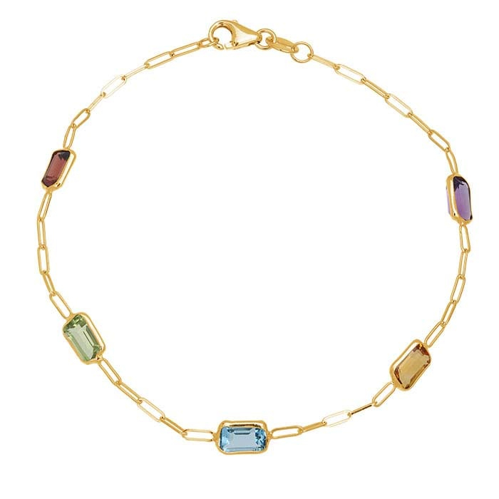 14K Yellow Gold 1.5mm Oval Cable Bracelet with Baguette Gemstones