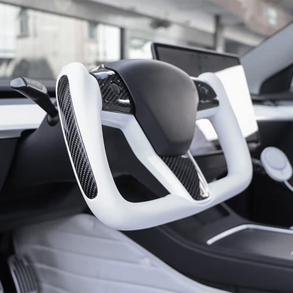 Steering Wheel Tesla Model 3 & Y 2017-2022 Leather Carbon Fiber Black White.