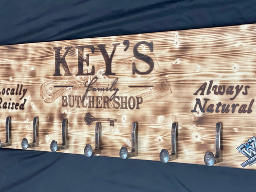 Key's Butcher Shop Sign with Pyrography and Welding