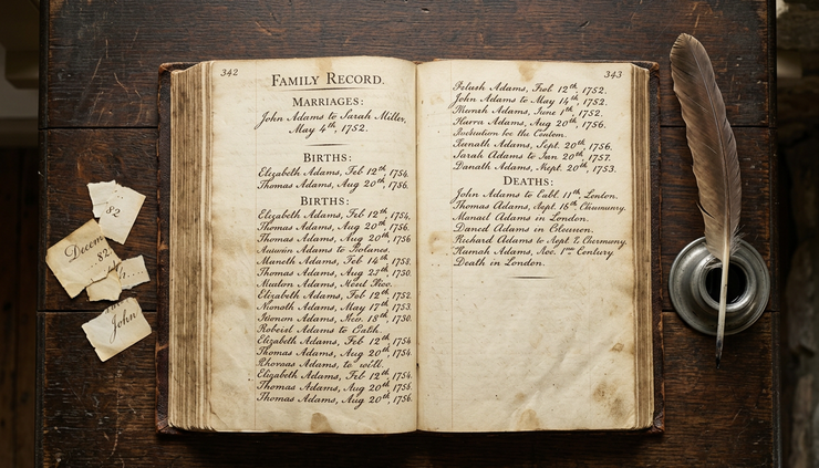 Overhead view of torn Bible pages, a quill, and a family record page on a wooden surface