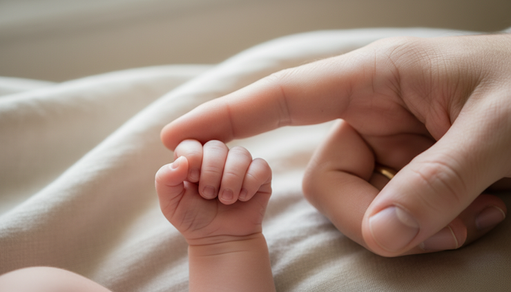 Close-up view of a newborn hand holding an adult finger