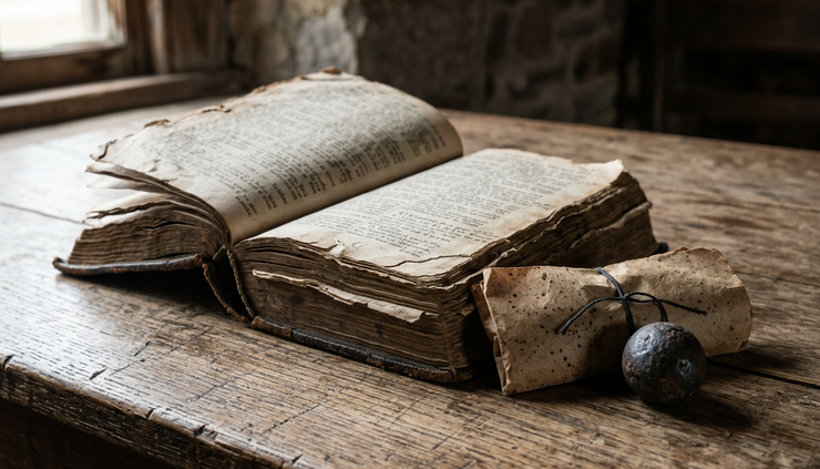 Close-up view of a worn colonial-era Bible with torn pages beside a musket ball