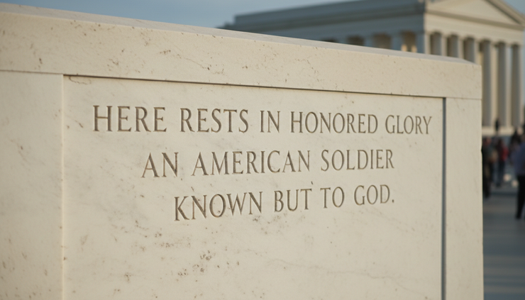 Close-up view of the marble inscription on the Tomb of the Unknown Soldier