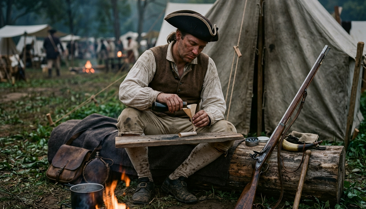 Eye-level view of a Revolutionary War soldier preparing a paper cartridge near a campfire