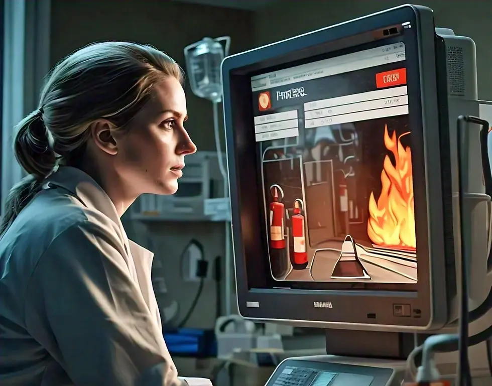 A woman in a lab coat examines a computer screen, emphasizing the importance of fire safety training in healthcare settings.